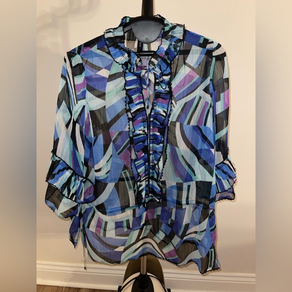 Marc Cain Abstract Print Multicolor Sheer Ruffled Blouse/Dress - Picture 5 of 12